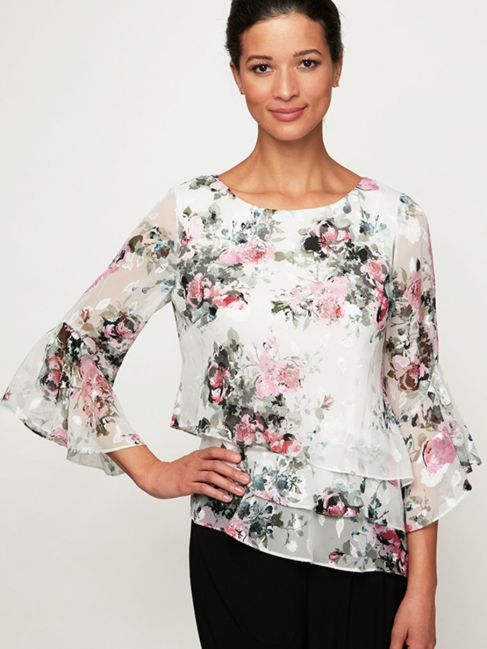 alexevenings.com Regular - Floral Chiffon Blouse with Triple Tier Asymmetric Hem